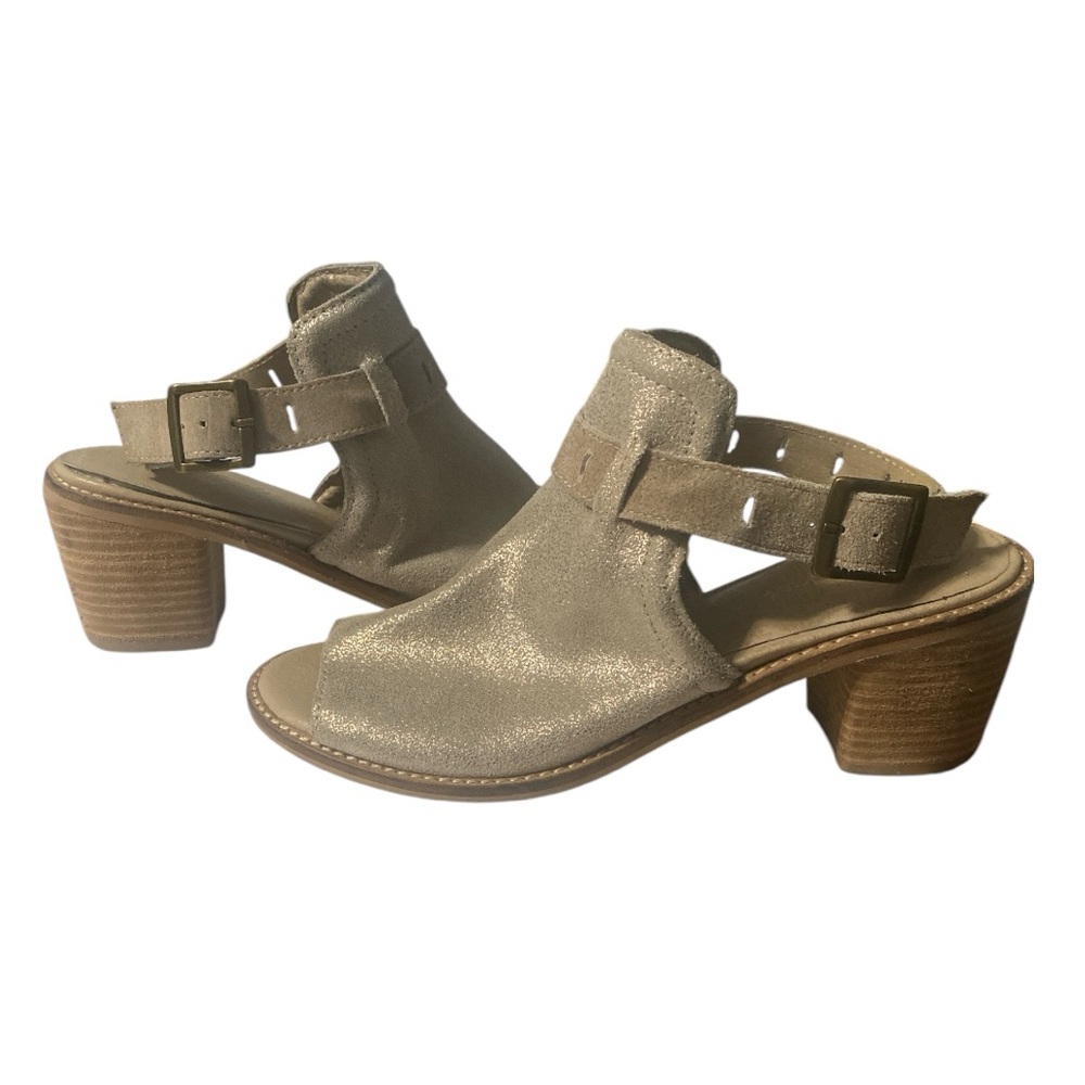 Gold Leather Block Heel Ankle Strap Sandals Open Toe Wedding Party Sz 9 Diba